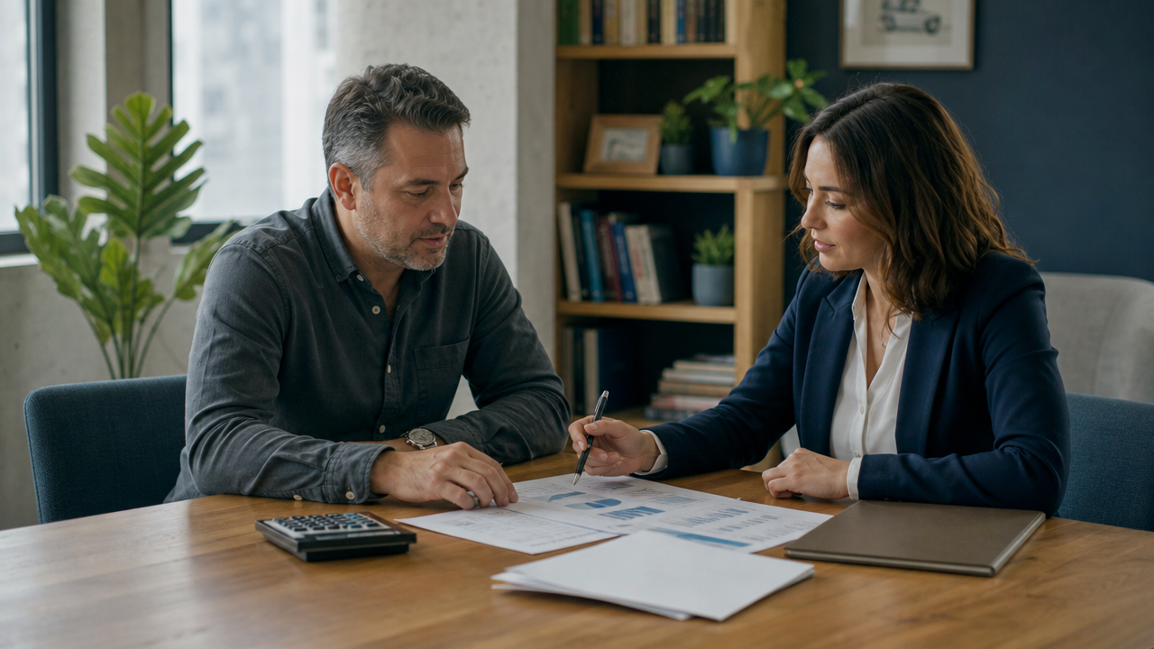 A business owner and financial adviser reviewing funding plans in an office